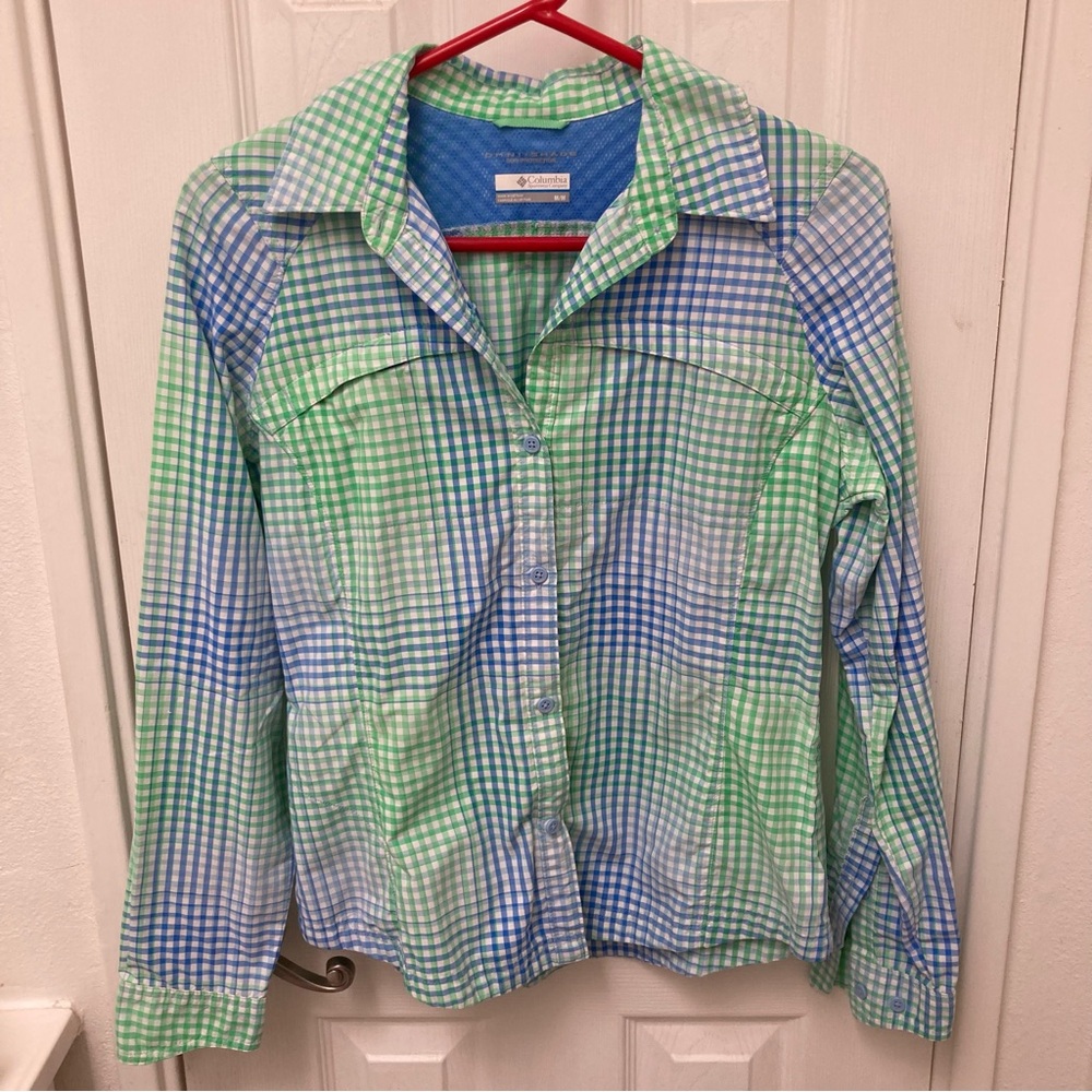 Columbia Women's M Green Blue Plaid Fishing Vented Omni Shade Shirt Sun Protect